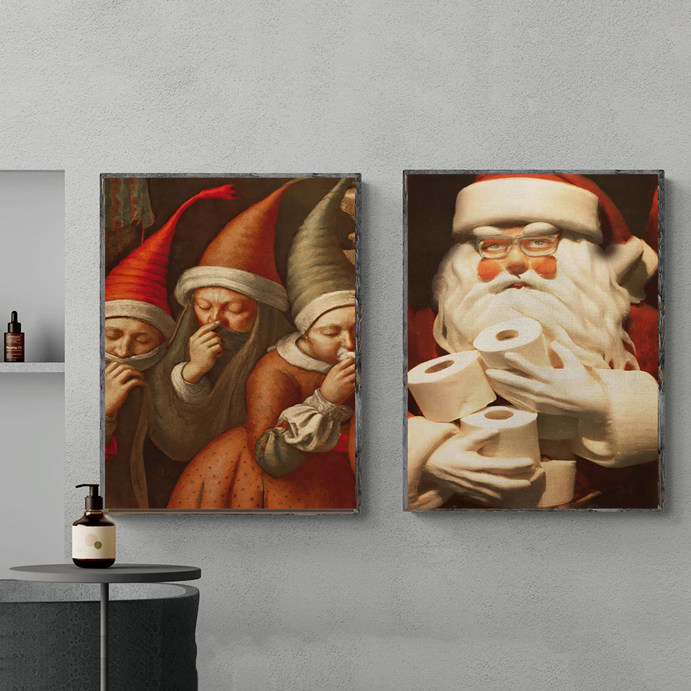 Funny Santa with Roll Paper Posters Humour Elf Bad Smell Prints Canvas Painting Wall Art Pictures for Toilet WC Bathroom Decor