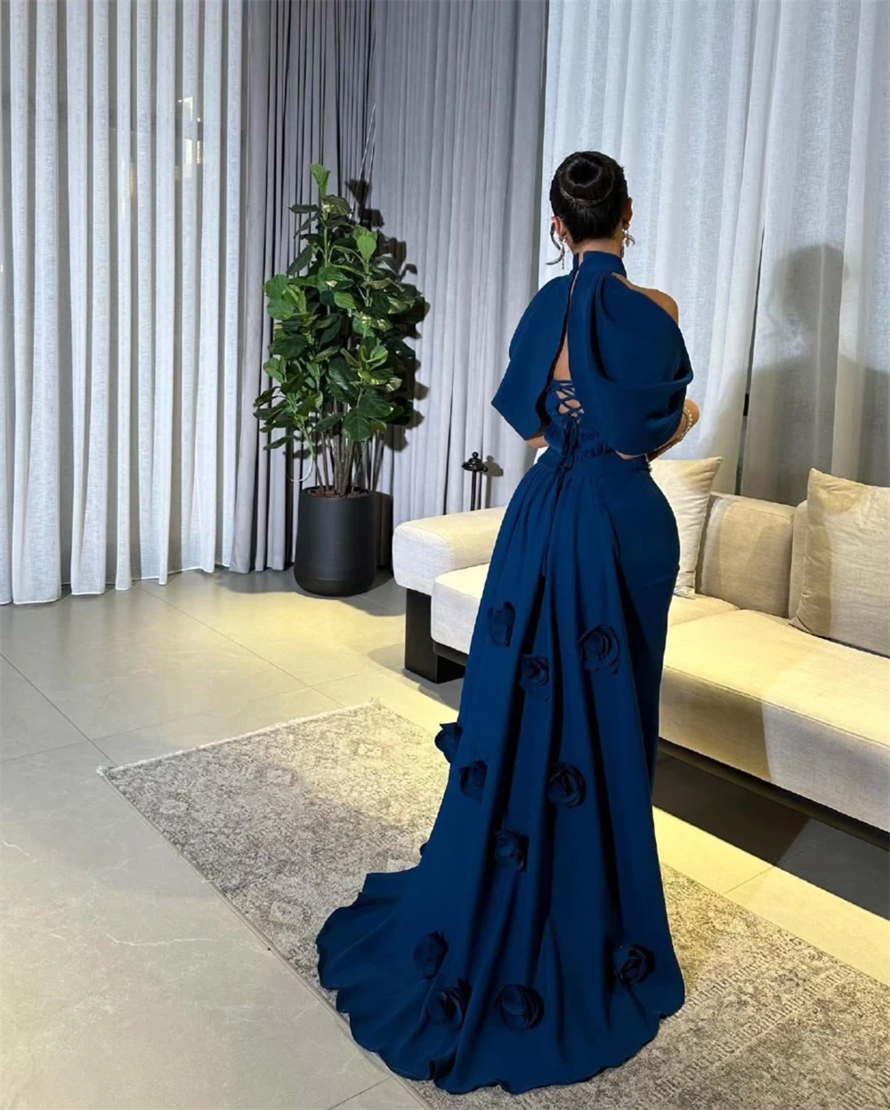 Customized Evening Dress Classic Blue Halter Off the Shoulder Sleeveless Mermaid Panel Train Appliques Beading Celebrity Gowns
