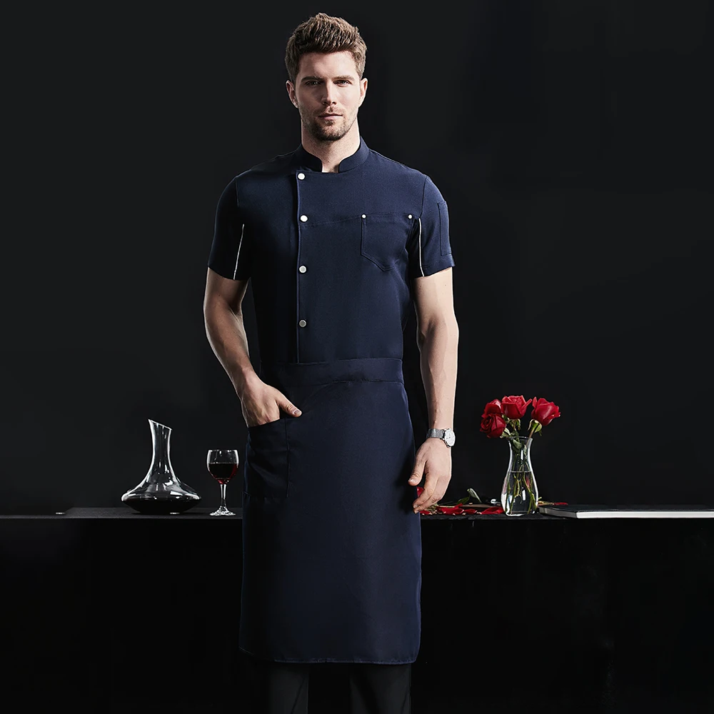 Ropa de cocina azul para hombre, chaqueta para restaurante, Hotel, Chef, uniforme, camisas de trabajo de Catering, M-4XL