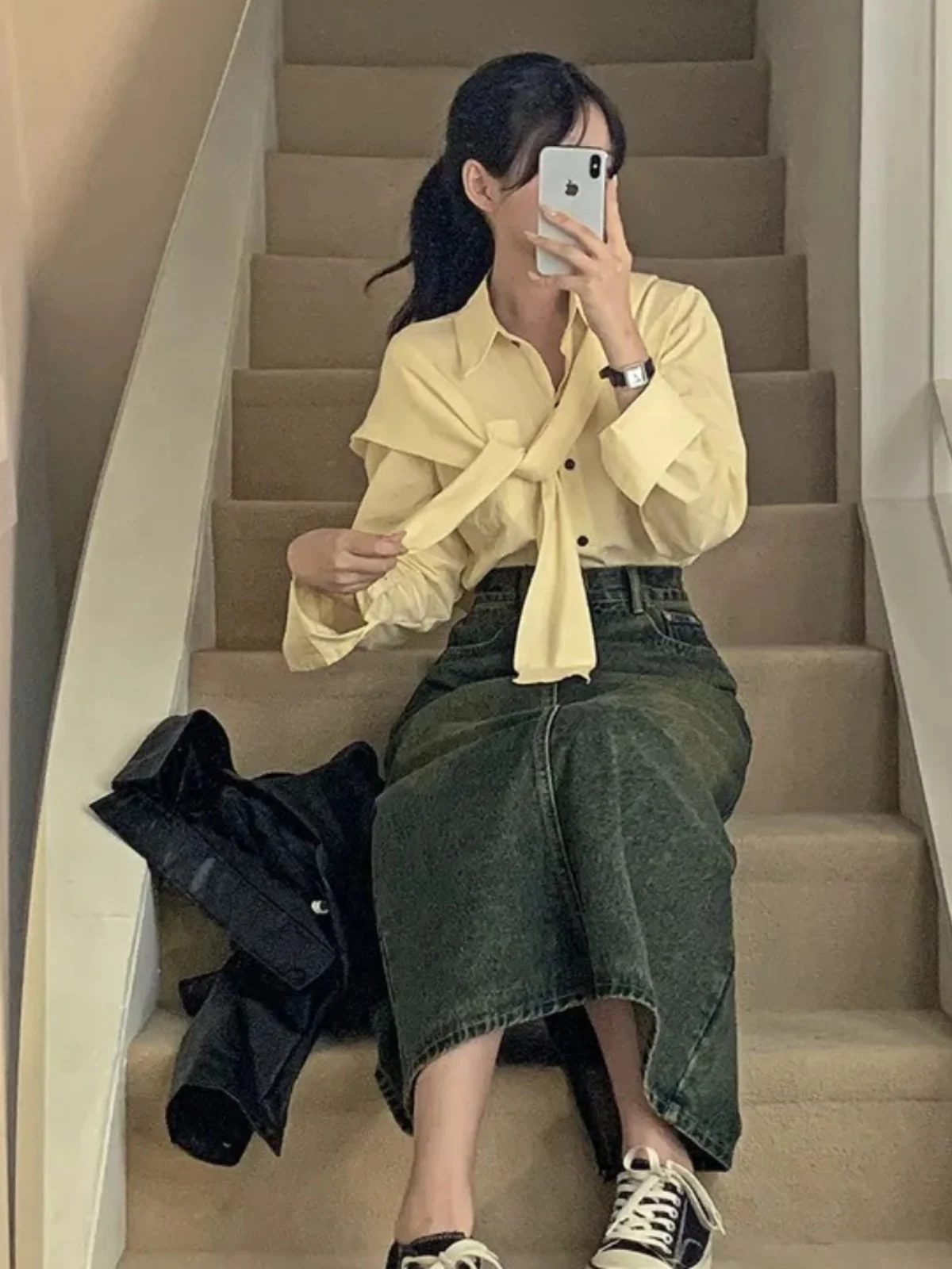 White irt Women's Early Autumn New Sle Knitted awl Two-Piece Set ort High Waist Commute Sle Korean Version  Collar