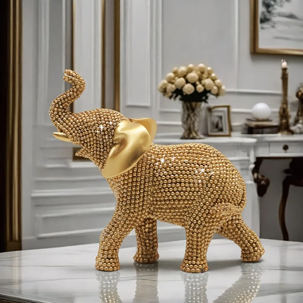 Golden Elephant Beaded Ornamental Figurine Good Luck Decorative Animals Christmas Ornaments Holiday Decoration Housewarming Gift