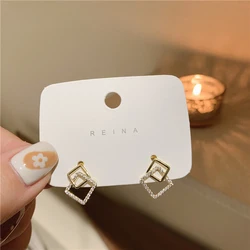 Trendy Korean Fashion Double Layer Hollow Square Stud Earrings For Women Crystal Gold Color Metal Geometric Hollow Jewelry