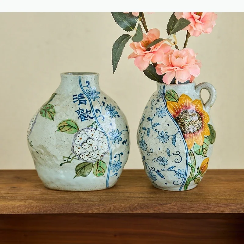 Sunflower Pattern Ceramic Vase Desk Decoration Flowers Arrangement Artificial Flower Decorative Floral Vase Room Aesthetic Decor