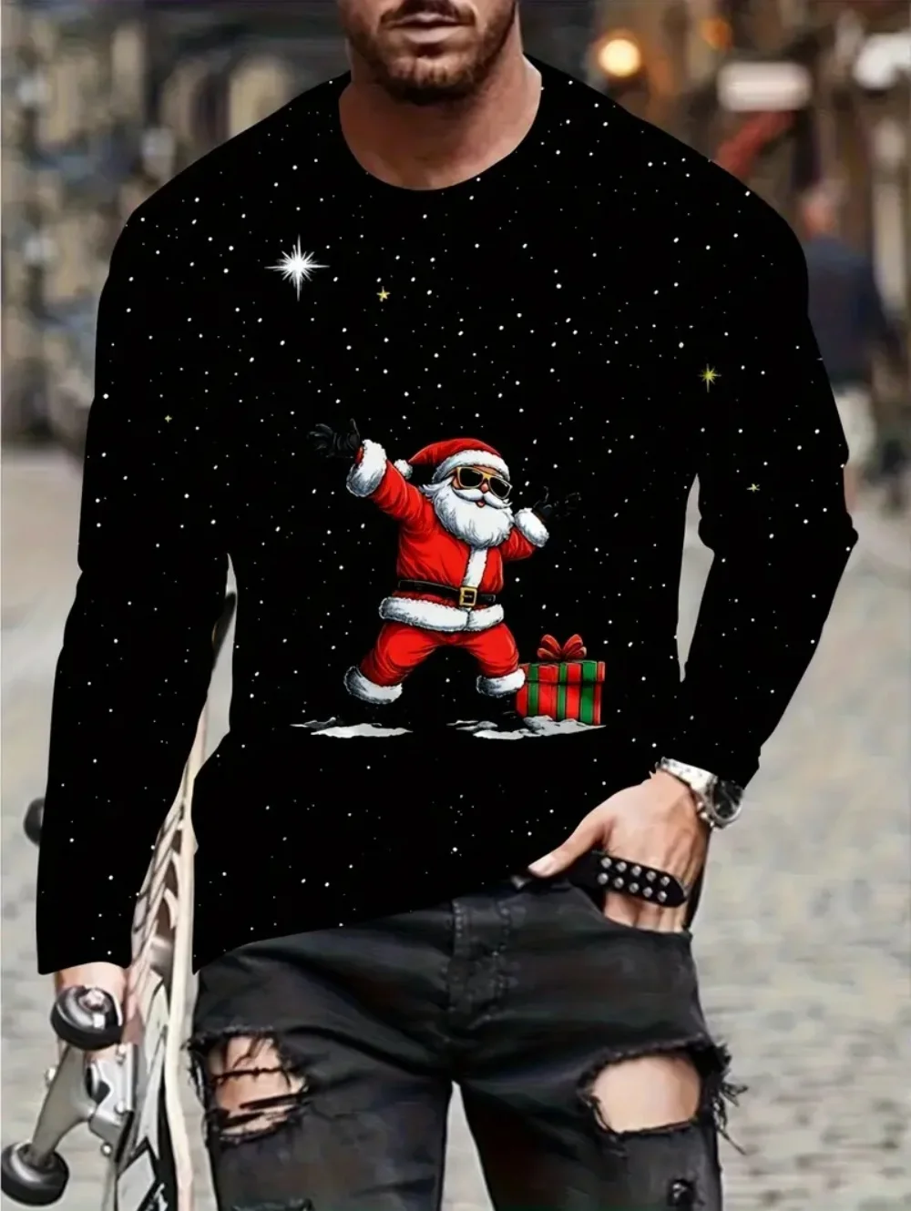 جديد سانتا كلوز التزلج الرجال كم طويل تي شيرت الاتجاه الشارع ملابس للرجال مضحك المحملة الربيع والخريف الرجال عادية #6