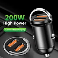 Total 200W Dual USB Ports Mini Car Charger Lighter Fast Charging Car Phone Adapter for iPhone 13 12 Xiaomi 14 15 Huawei Samsung