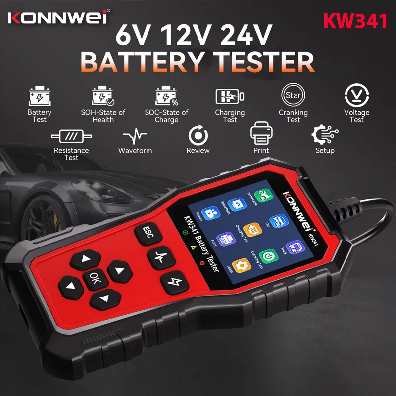 KONNWEI KW341 Car Battery Tester 6V12V 24V AMG GEL Battery Fault Data Printing Start Voltage Test Car Battery Charging Scan Tool