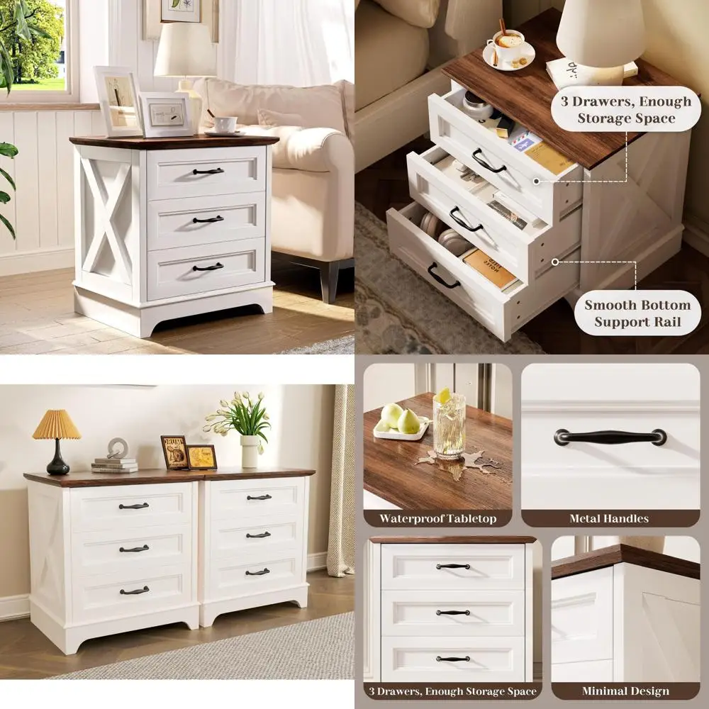 Rustic 3-Drawer Farmhouse Nightstand, 22.44 Wide Wood End Table with Bar Handles, Compact Dresser Chest for Bedroom