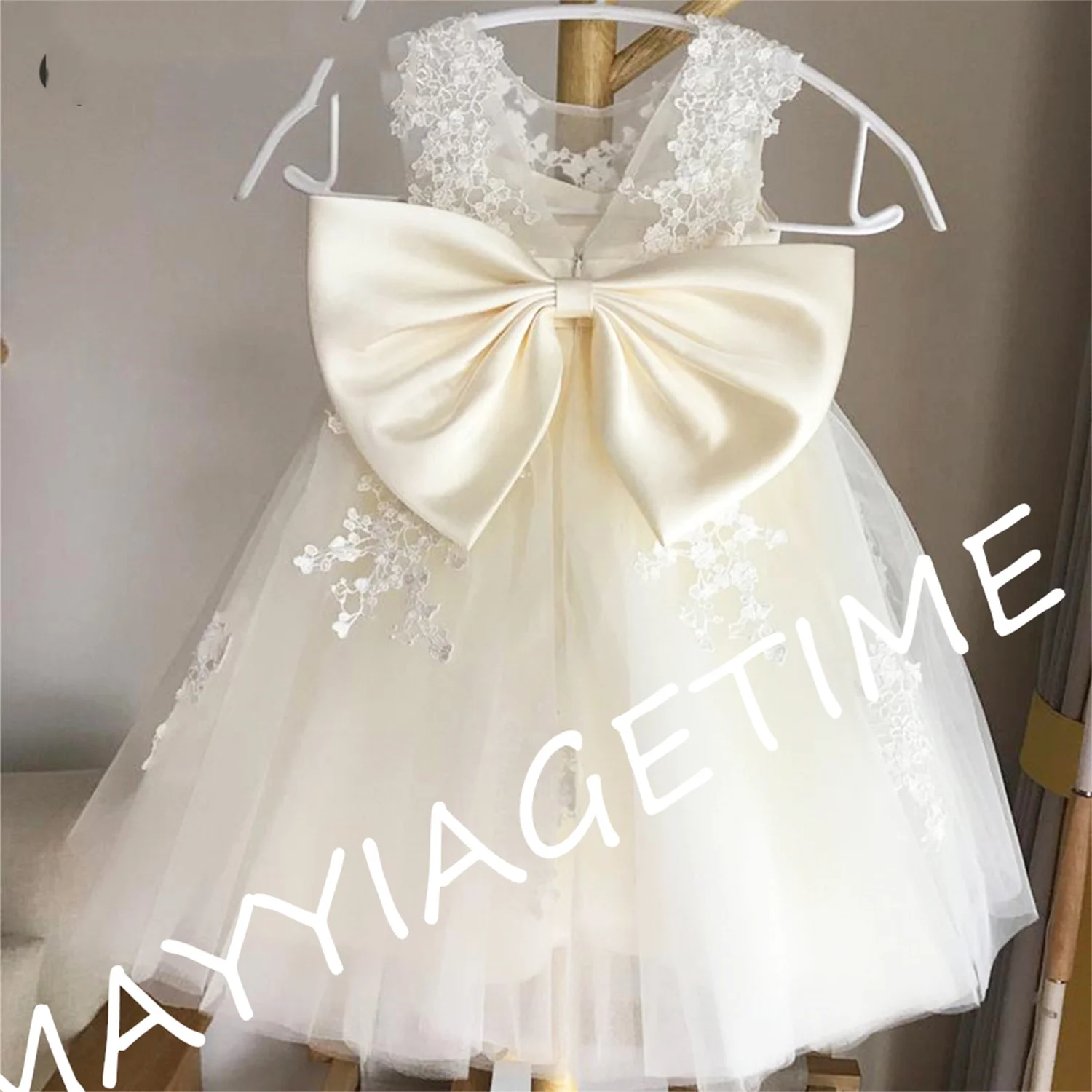 Elfenbein Spitze Blumen mädchen Kleider Tüll geschwollene Prinzessin Kleid Mädchen Satin Bogen Netz Erstkommunion Kleider kleines Mädchen Geburtstags kleid