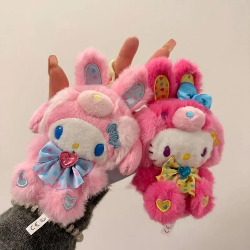 

Sanrio Spring Rabbit Series Hellokitty Plush Keychain Melody Cinnamoroll Cute Doll Pendant Cartoon Fluffy Backpack Decoration