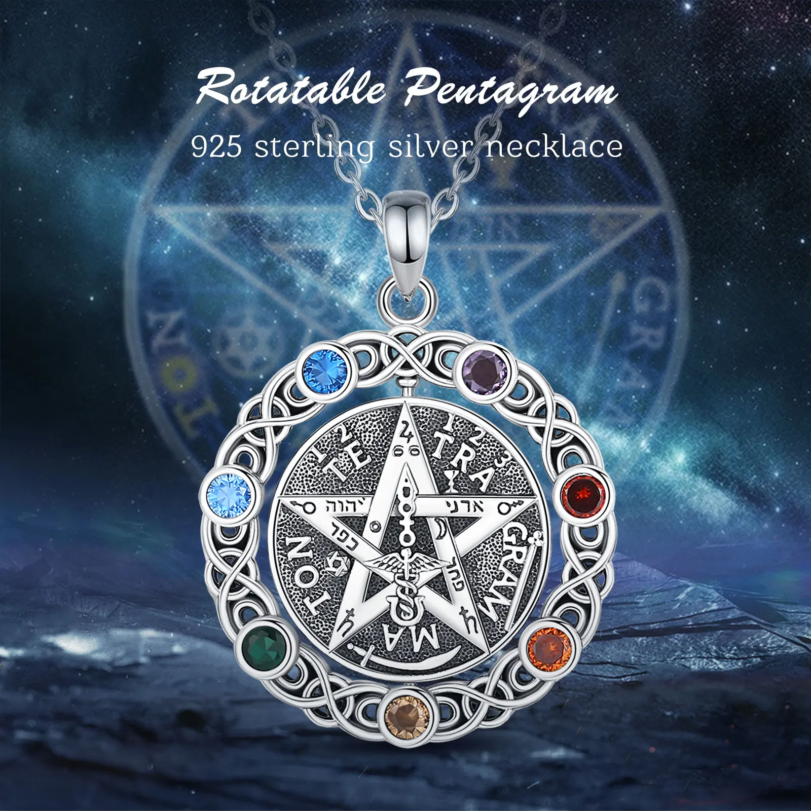 Eudora Original 925 Sterling Silver Pentagram Necklace for Women Man 7 Color Chakra Star Tetragrammaton Pendant rotatable Gift