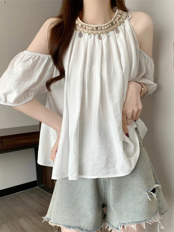 

Trendy White irt Women's Spring Faion Design Ne Hanging oulder Exposure ort Sve Ethnic Sle Top Korean Version