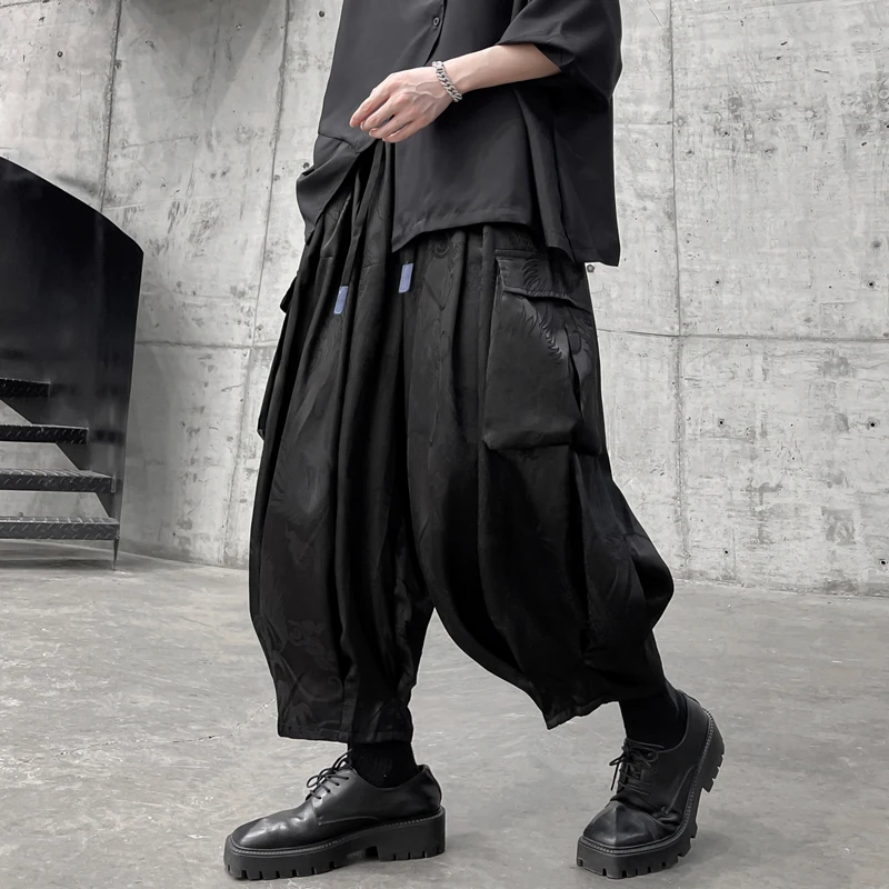 Streetwear Men Harem Pants High Street Black Wide-leg Trousers Hip Hop Jogging Pants Side Pocket Cargo Pants Oversized