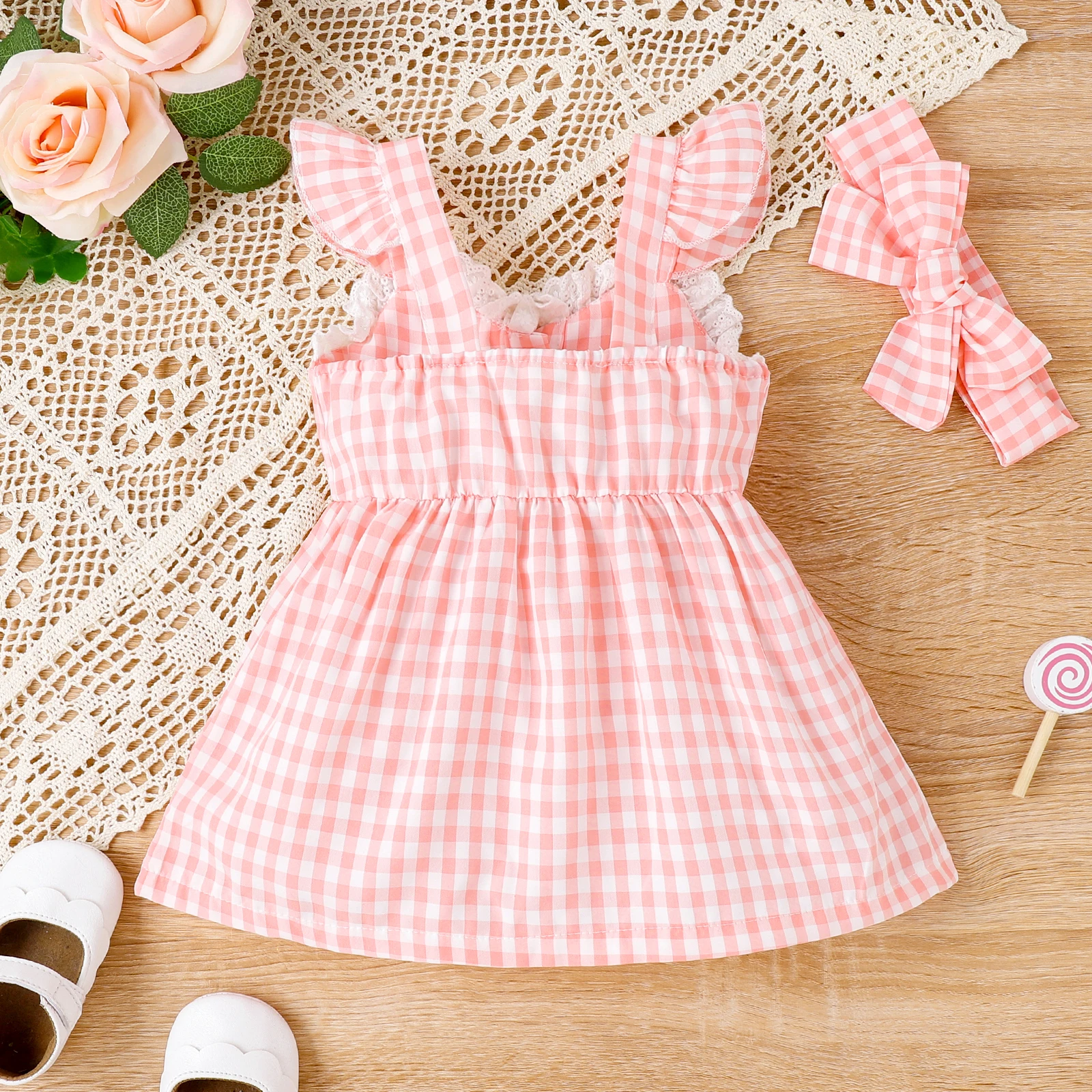 2PCS Summer 0-4 Year Old Baby Girl Baby Soft And Comfortable Refreshing Sweet Embellished Pocket Pink Plaid Dress + Tiara