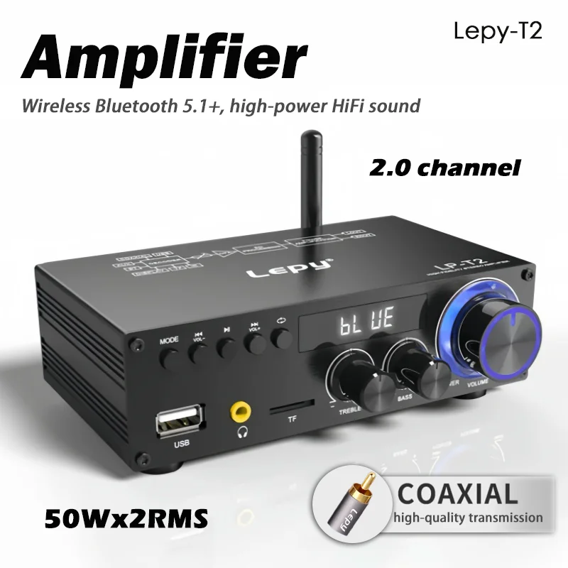 

Amplifier Lepy-T2 2.0 channel high-power HiFi sound quality Bluetooth 5.1+ Coaxial 50Wx2 Home & Car Audio RCA, AUX, USB,TF card
