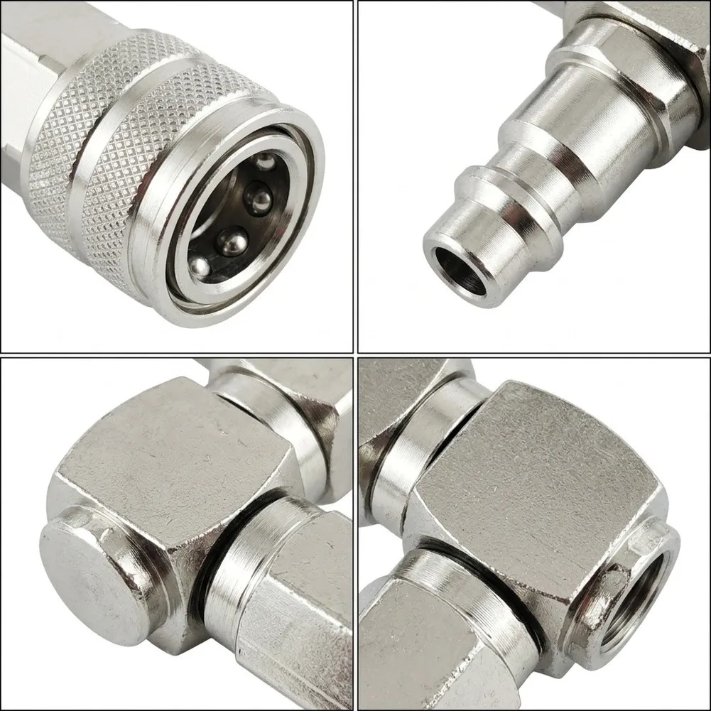 1/4in NPT 2 Way Air Hose Splitter with 360 Swivel Design and Nickel Plated Finish for Reduced Hose Wear and Tear