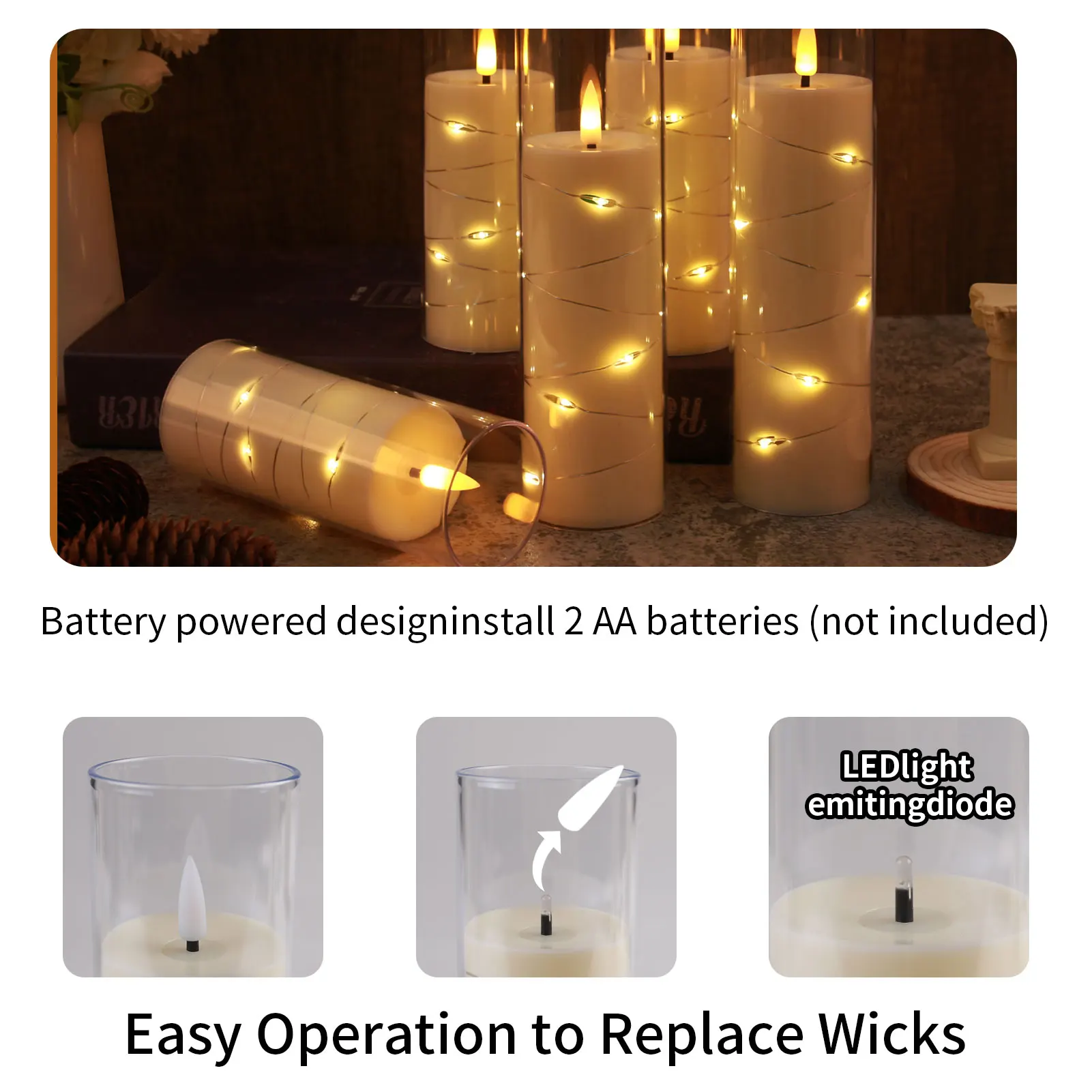 Мерцающие беспламенные светодиодные свечи, 5 шт., со встроенной звездной нитью, акриловая свеча на столбе с пультом дистанционного управления, подходит для домашнего прикраса