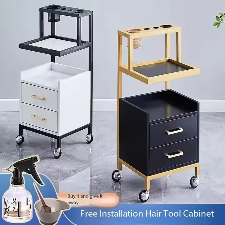 عربة تصفيف الشعر باللونين الأبيض والأسود الفاخرة الحديثة، خزانة عربة معدنية من الفولاذ المقاوم للصدأ