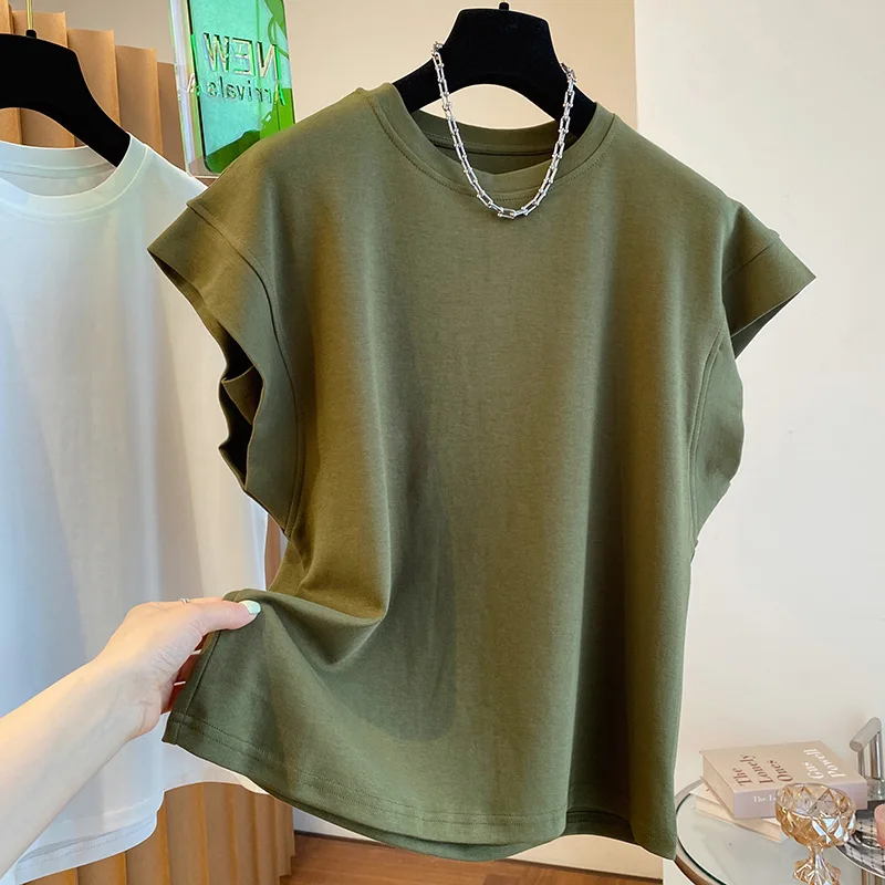 Design sense niche flying sleeve t-shirt for women loose cotton sleeveless top for women oversized t shirt
