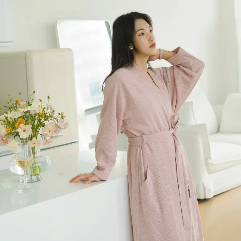 Women Cotton Waffle Robe Nightwear Long Sleeve Bathrobes Bandage Sleepwear Home Clothes Solid Color Casual Nightie With Pockect