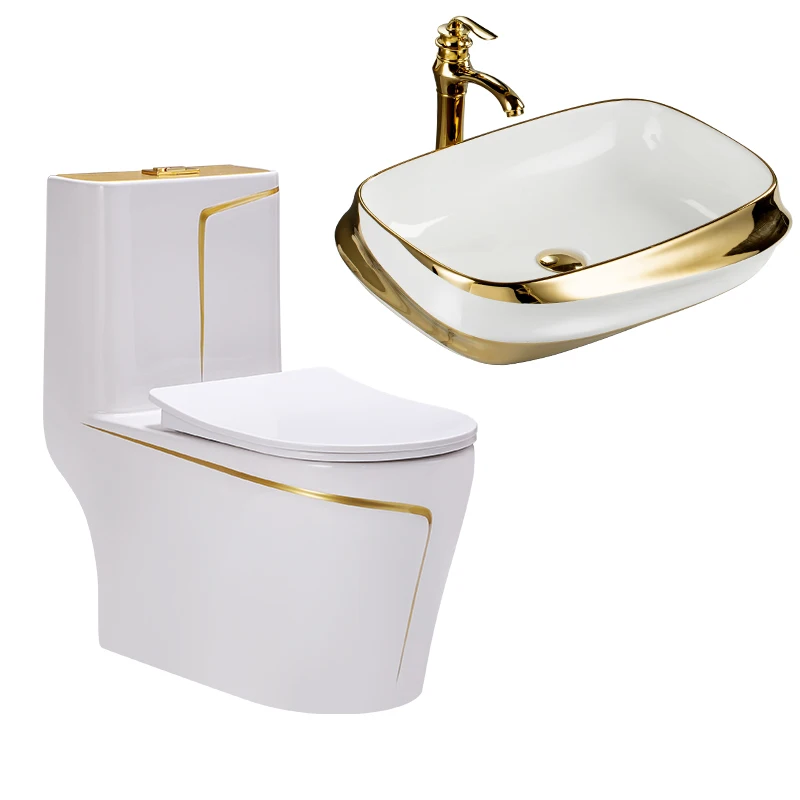 Modern Gold Line Colored One Piece Toilet and Sink Set Toilet with TankTornado Flush Bathroom Wc Toilet Sanitary Ware