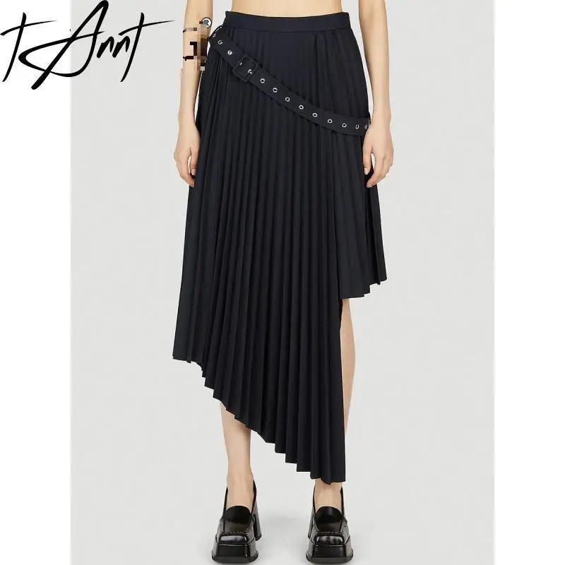 

TANNT Women Skirt 2024 Summer New Fashion Pleated Belt Design Asymmetrical Skirt Fashion Loose High Waist Long Black Skirts