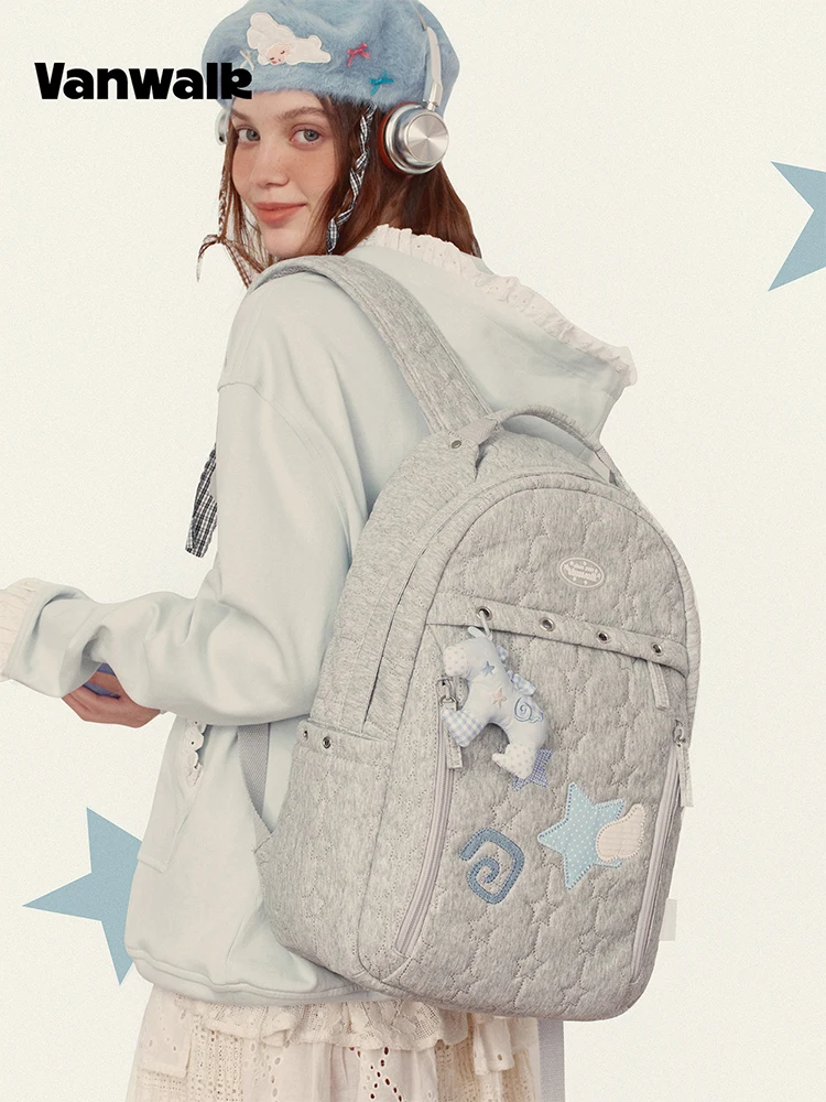 VANWALK Lucky Pony Large Capacity Starry Backpack Women's Travel Student Computer Ins Bookbag Casual Simple Style Dual Layered