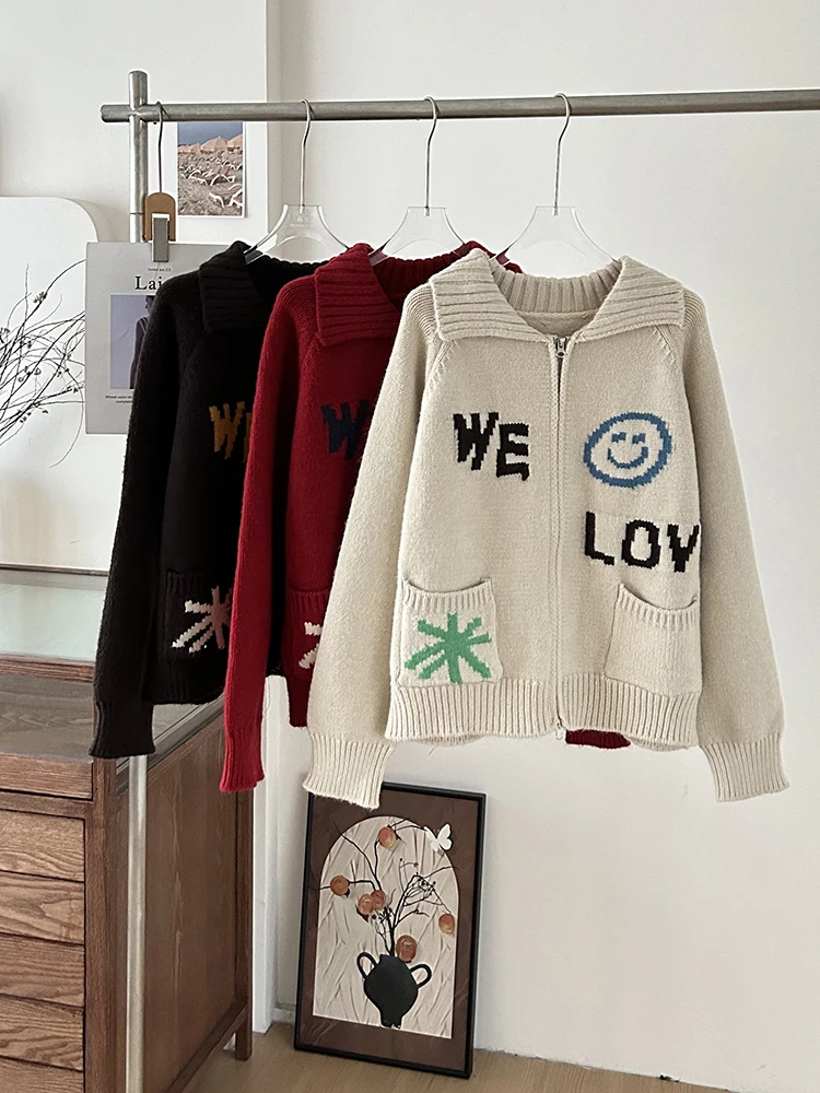 [oein] 2024  Design Sense Smiling Face Zipper Sweater Jacket Women In Autumn And Winter, Thick And Loose, Lazy Style