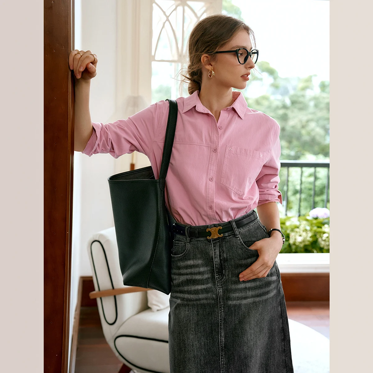 OLrain 100% Cotton French Shirt Women's 2025 Autumn Turn Down Collar Long Sleeve Blouse Casual Solid Loose Fit Tops O24QC92953