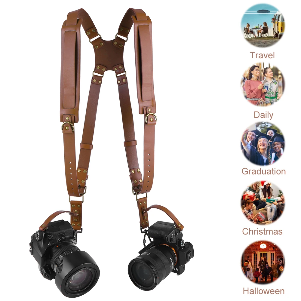Dual Camera Strap Leather Camera Straps Adjustable Camera Carrying Strap Universal Camera Shoulder Strap for 2 Cameras