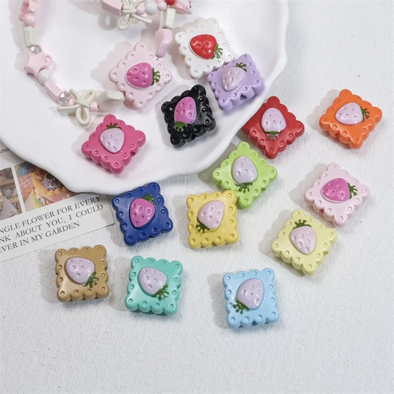 50pcs/lot 20mm color strawberry pattern color geometry square shape acrylic beads with holes diy jewelry garment accessory