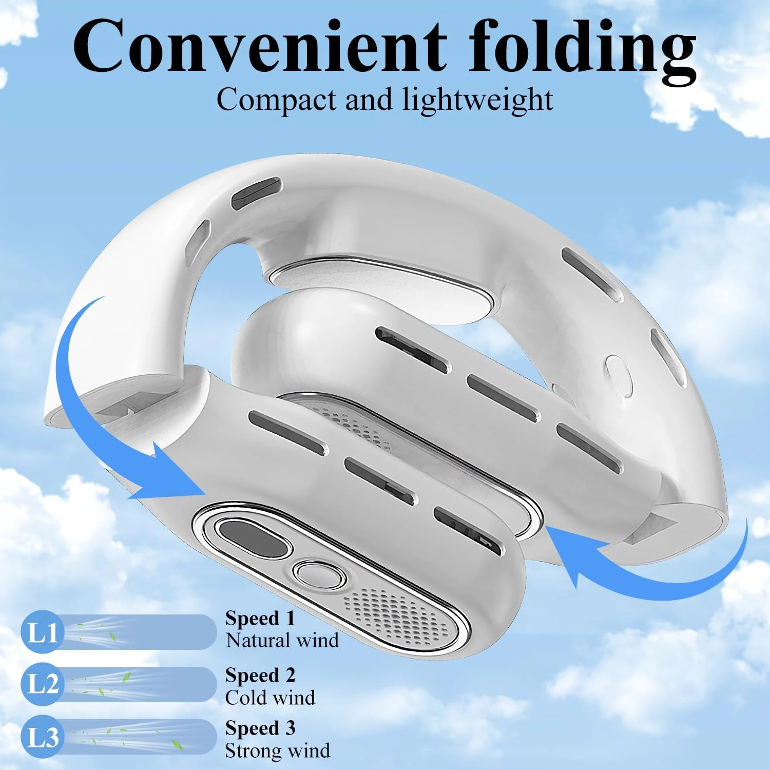 Compact and Powerful White Portable Bladeless Neck Fan with 3 Speed Wind for Personal Use, Foldable Hand-Free Travel Fan for Coo