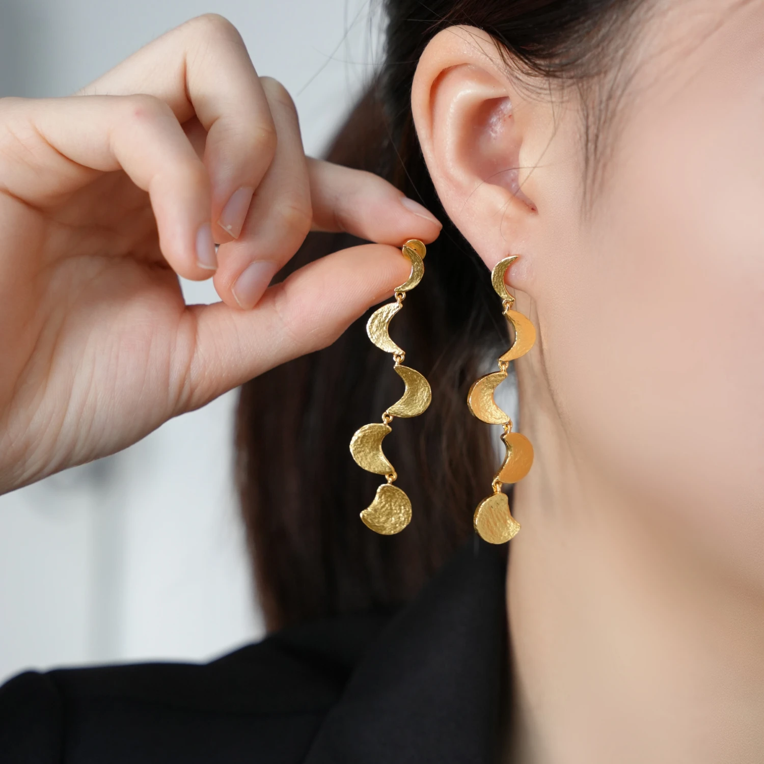 

24K Gold Plated Textured Crescent Moon Dangle Earrings for Women Hypoallergenic Lunar Statement Earrings Celestial Jewelry Gifts