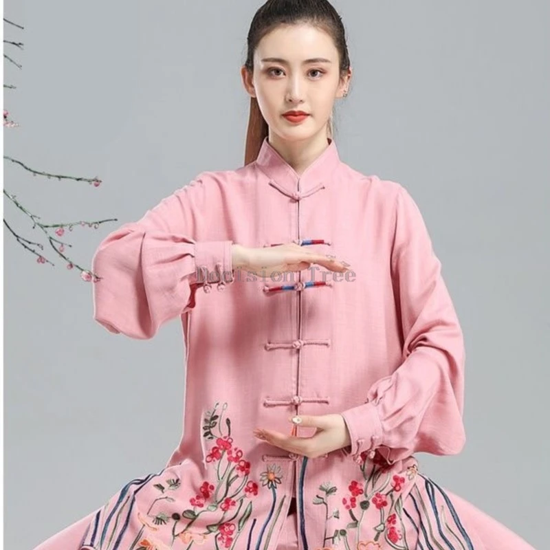 female spring embroidery tai chi practice clothing chinese martial arts clothing long sleeved buckle top pants wushu 2-Piece Set