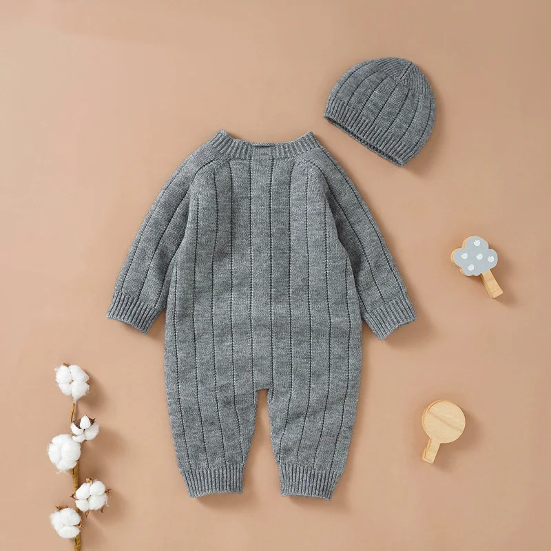 Autumn Winter Baby Rompers Hats Set Solid Color Knitted Jumpsuit Soft Boneless Bodysuit Boys Girls Crawling Suit Infant Clothes