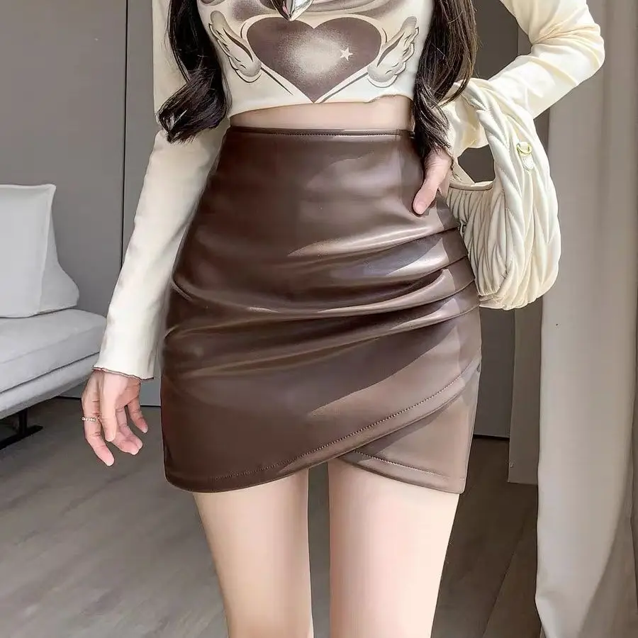 New Women High Waist Irregularly Pleated Pu Leather Skirt Tight A Word Hip Bodycon Skirt