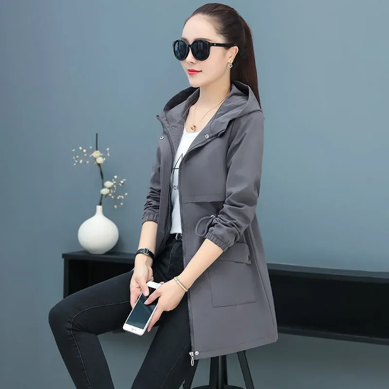 

Autumn Winter New Hooded Windbreaker Women's Coat Mid-length Loose Fashion Slim Slimming Lace-up Chic Casual Windproof Jacket
