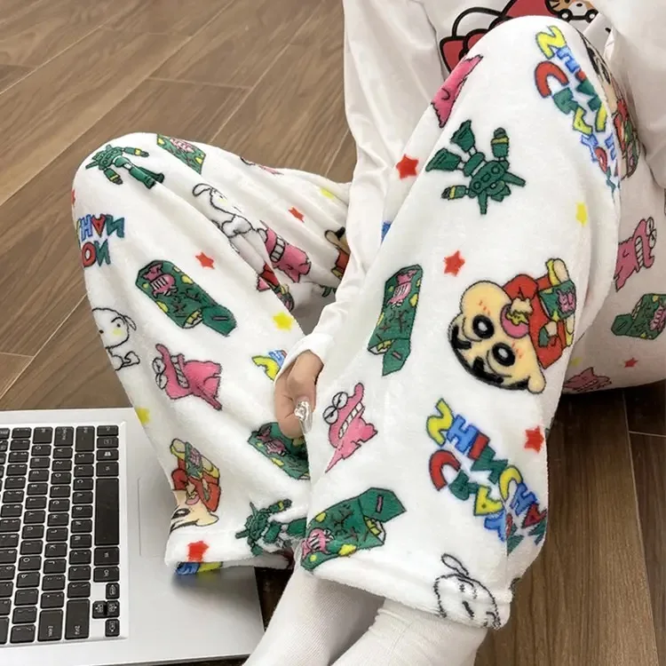 Bear Print Pajama Pants Casual Home Trousers For Winter Women Girls Sweat Cute Cartoon Homewear Y2K Loose Thick Fannel Sleepwear