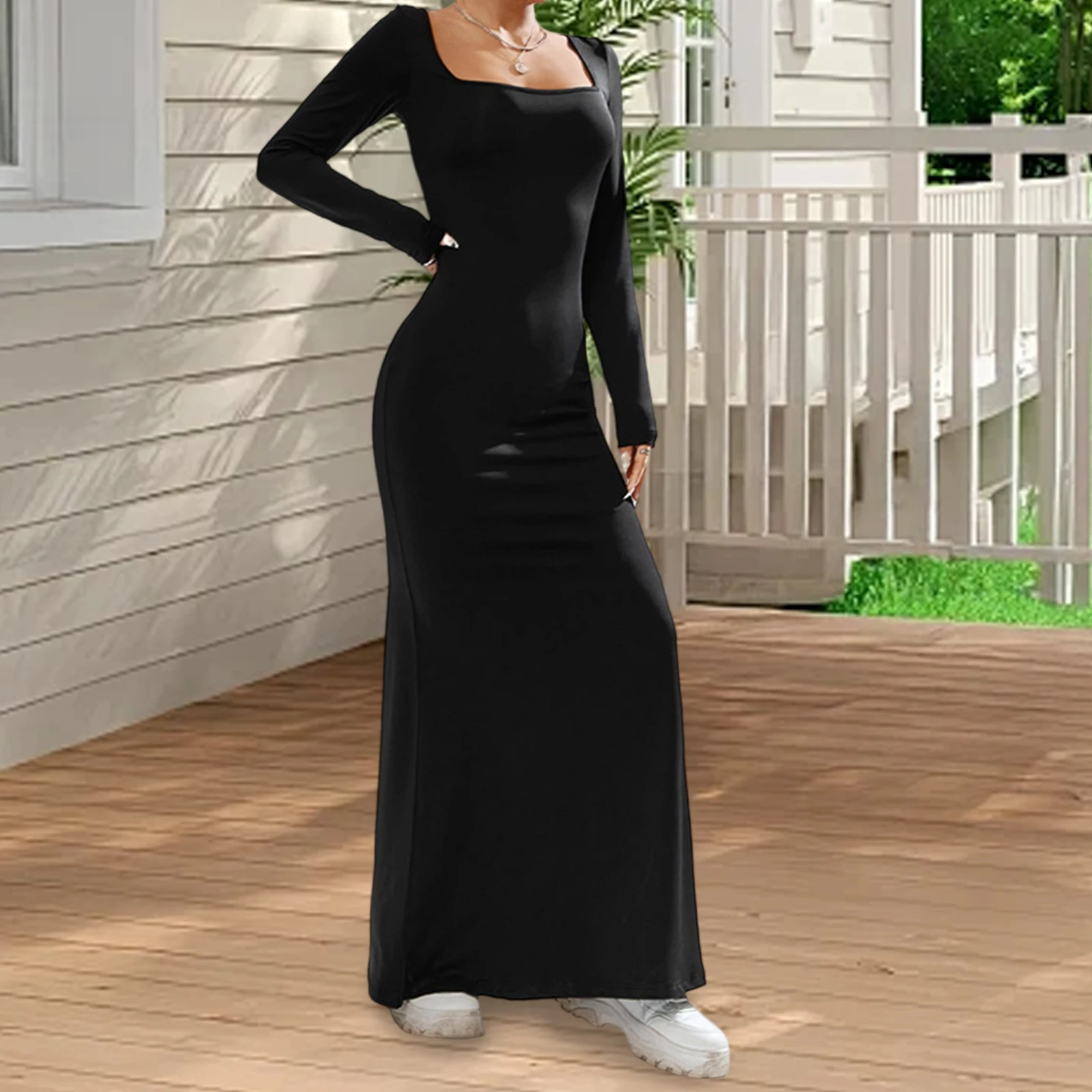 Damska dopasowana sukienka dzianinowa z długim rękawem, kwadratowy dekolt, jednolity kolor, eleganckie sukienki koktajlowe, odzież klubowa