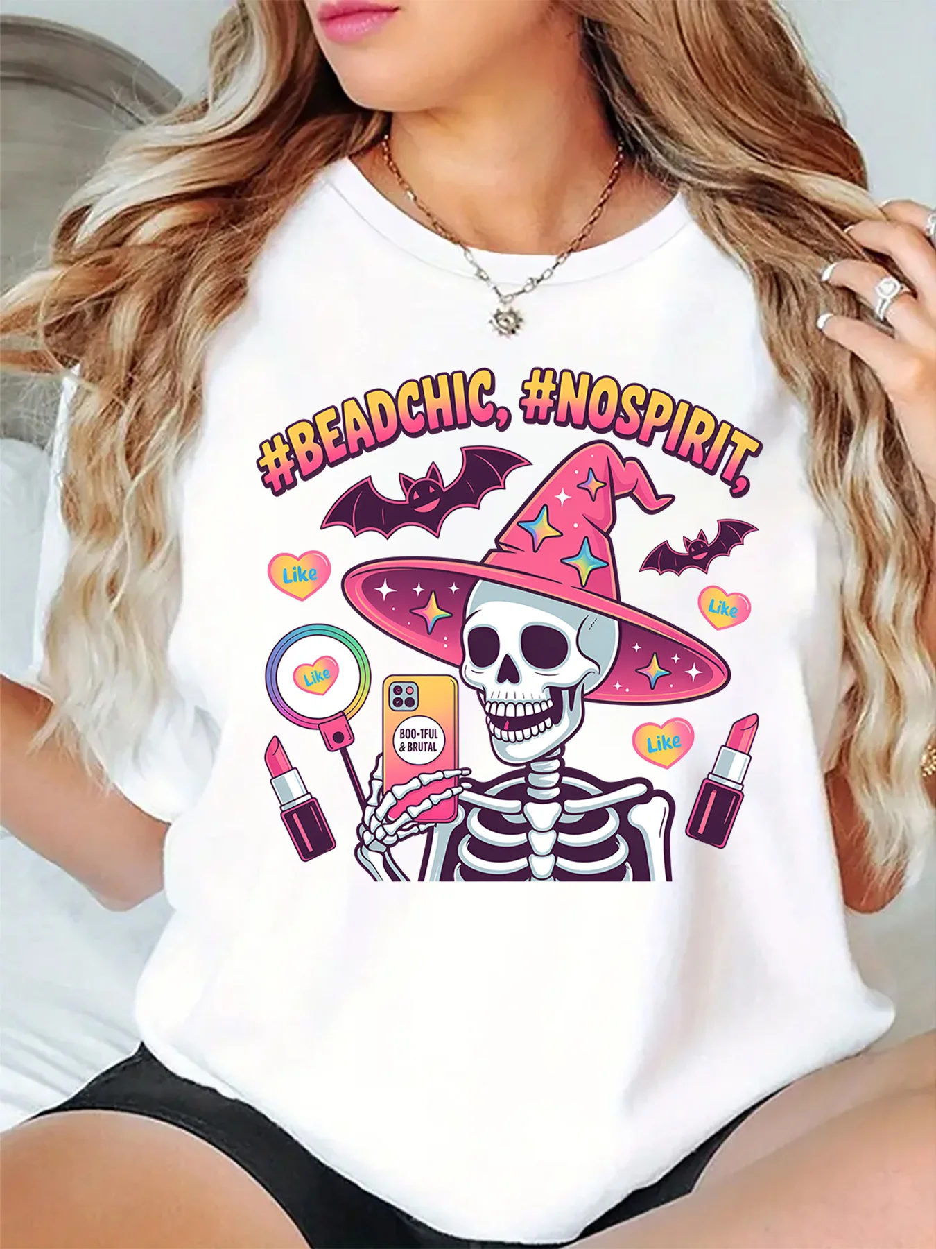 Glam Skeleton Witch Hat Selfie Makeup Bat Halloween Graphic Womens T Shirt Short Sleeve Crew Neck Casual Ladies Tee Tops