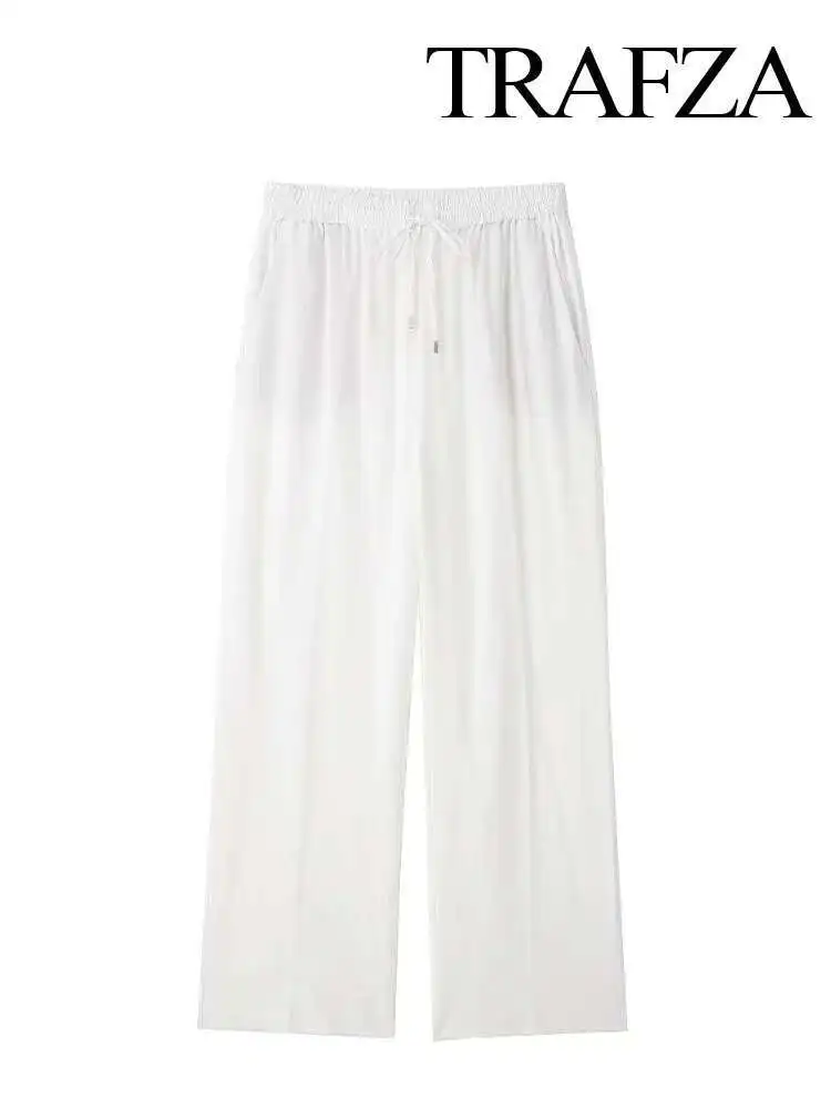 

New Women Summer Fashion Solid High Waist Drawstring Straight Wide Legs Trousers Female Chic Wild Ankle Length Pants Mujer