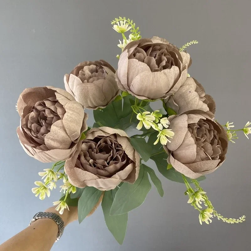 3/4 Stück Hochzeits-Pfingstrosen in Rosa, herzförmig verpackt, künstliche Blumen, 7 Blütenköpfe, Pfingstrosenstrauß, Seidenblumen, Heimdekoration – Detail 16