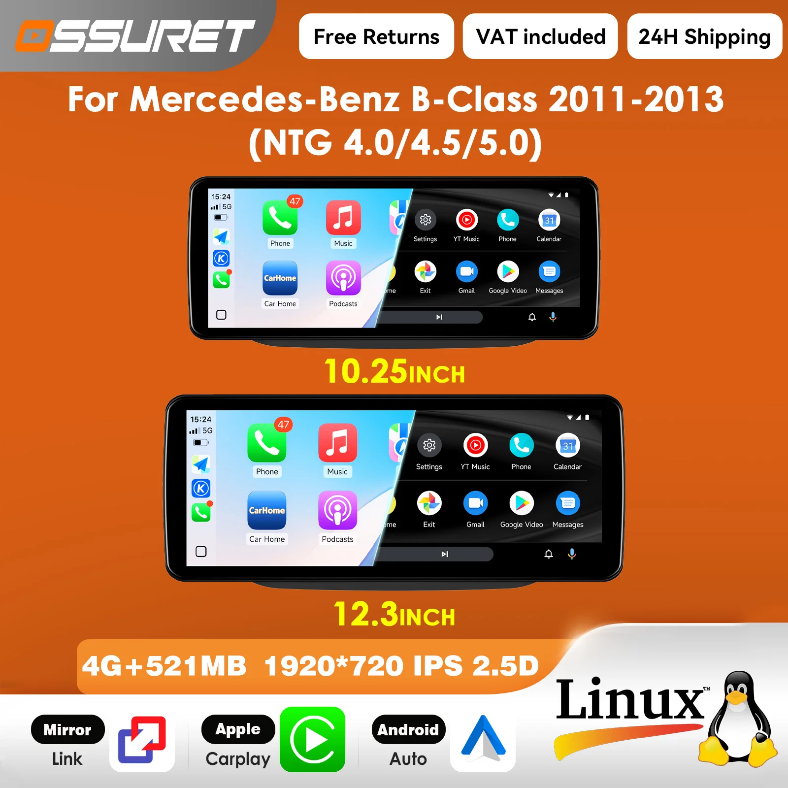 12,3-Zoll-Carplay-Linux-5.4-Autoradio für Mercedes-Benz B-Klasse W246 W242 2011 - 2019 NTG 4.0 4.5 5.0 Multimedia-Video-Player T113-i Dual-Core USB BT Mirror Link 10,25"-Head-Unit-Bildschirm