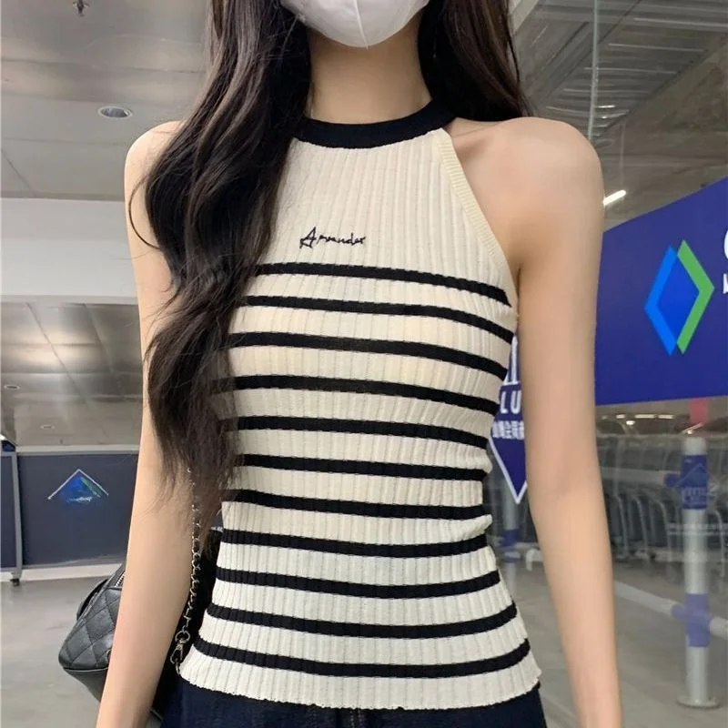 

Women's Knitted Letter Embroidery Ice Silk Vest Svel Ne Hanging Stripe Design Faionable Summer Top Chinese Brand