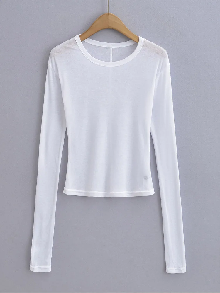 Women Crew Neck Fitted Long Sleeve Semi Sheer T-shirt image 5