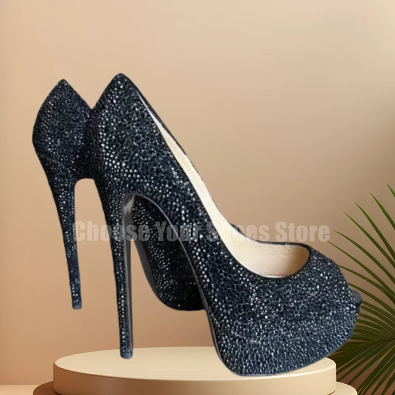

Туфли на высоком каблуке с блестящими кристаллами, украшенные кристаллами, пикантные свадебные туфли на платформе с открытым носком, женские туфли на шпильке черного цвета