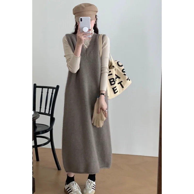 

V-neck Sweater Women Autumn Winter Lazy Style Long Inner Pullover Knitted Vest Dress