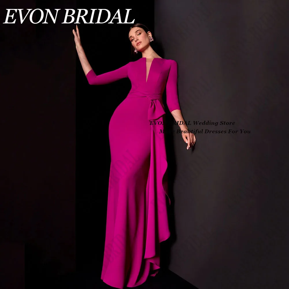 EVON BRIDAL Fuschia Mermaid Celebrity Red Carpet Dresses Dubai Women 3/4 Sleeves Satin 2024 Formal Evening Gown Sweep Train