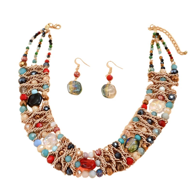 Colorful Artificial Crystal Beads Decor Dangle Earrings & Necklace Boho Elegant Style Holiday Vocation Accessories Jewelry Set