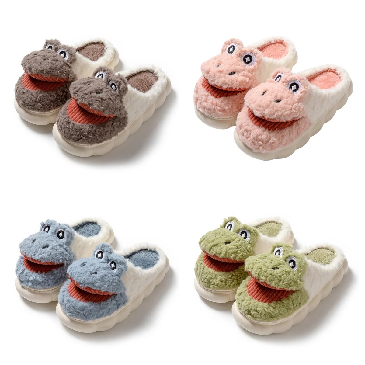 Women's Cartoon Crocodile Slippers, Cute Home Living Room Shoes, Soft Plush Wram, Wool, Silent, Non Slip Flip Flop, Winter