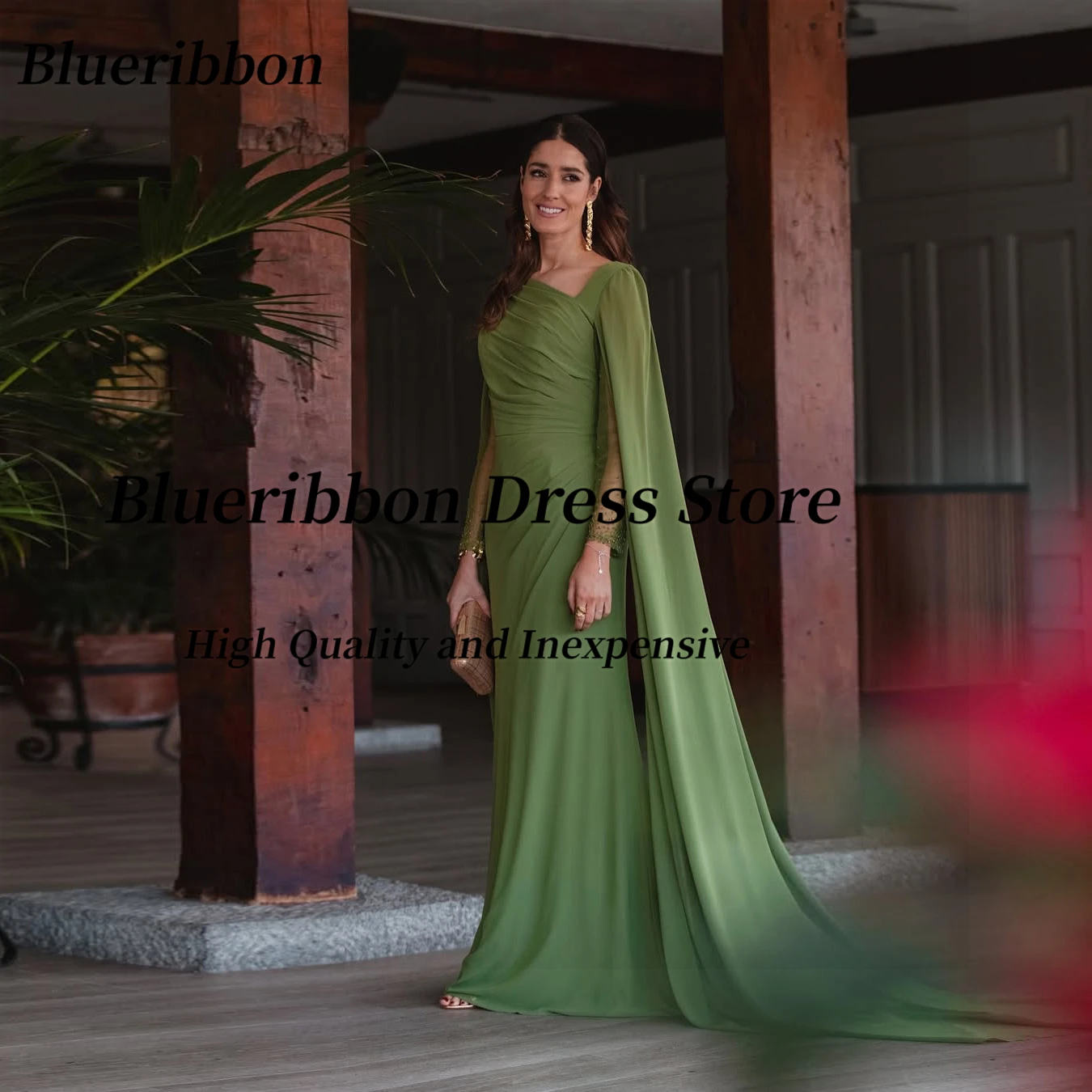 Blueribbon Saoedi-Arabië Galajurken Kralen Lange Mouwen Flutters Avondjurk Rits Terug Robe Des Soiree Aangepast